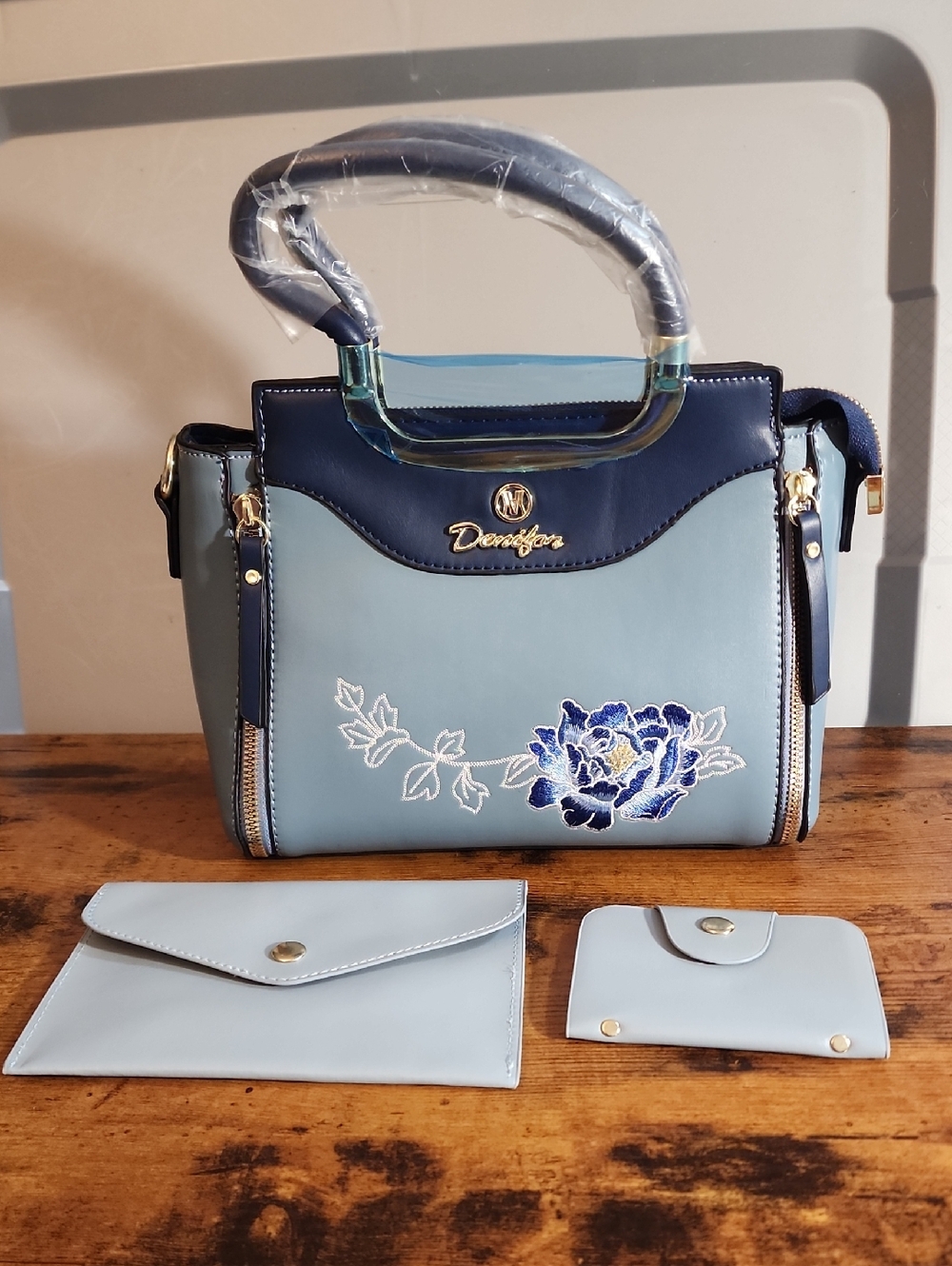 Blue 3pcs Women's Fashion Embroidered Bag Set, Elegant Geometric Print